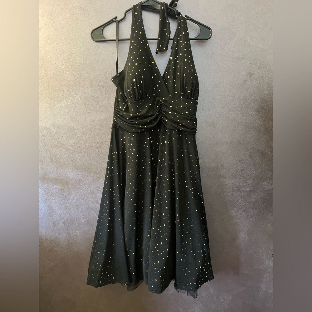 Enfocus Studio Halter Black Dress with Gold Accents